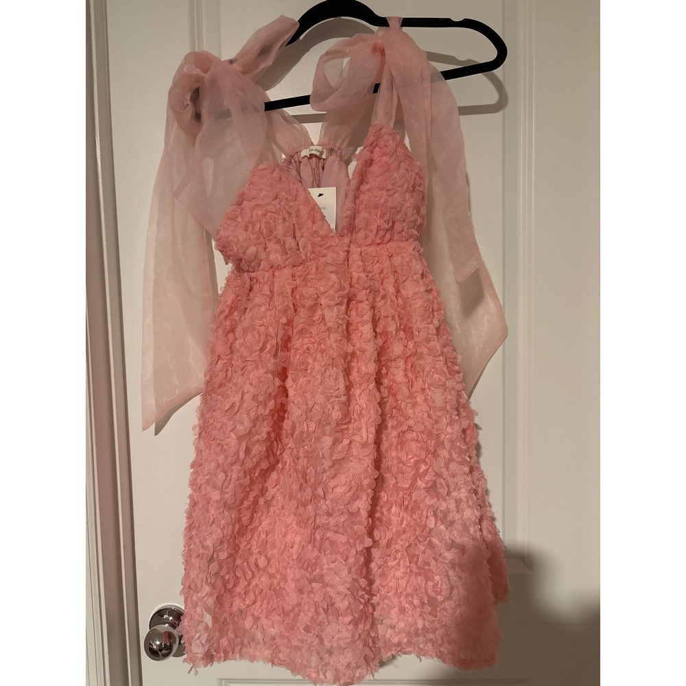 Idem Ditto Pink 3D Floral Applique Mini Dress Organza Bow Shoulder Babydoll S